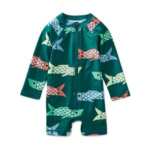 Tea Collection Rash Guard Swimsuit Green Fish Koinobori EUC!